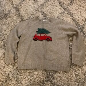 Cupcakes and Cashmere Christmas Tree Car Sweater Oatmeal Tan Red Large